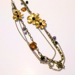 Signed BA Multi Chain Two Tone Flower and Bead Station Statement Necklace *